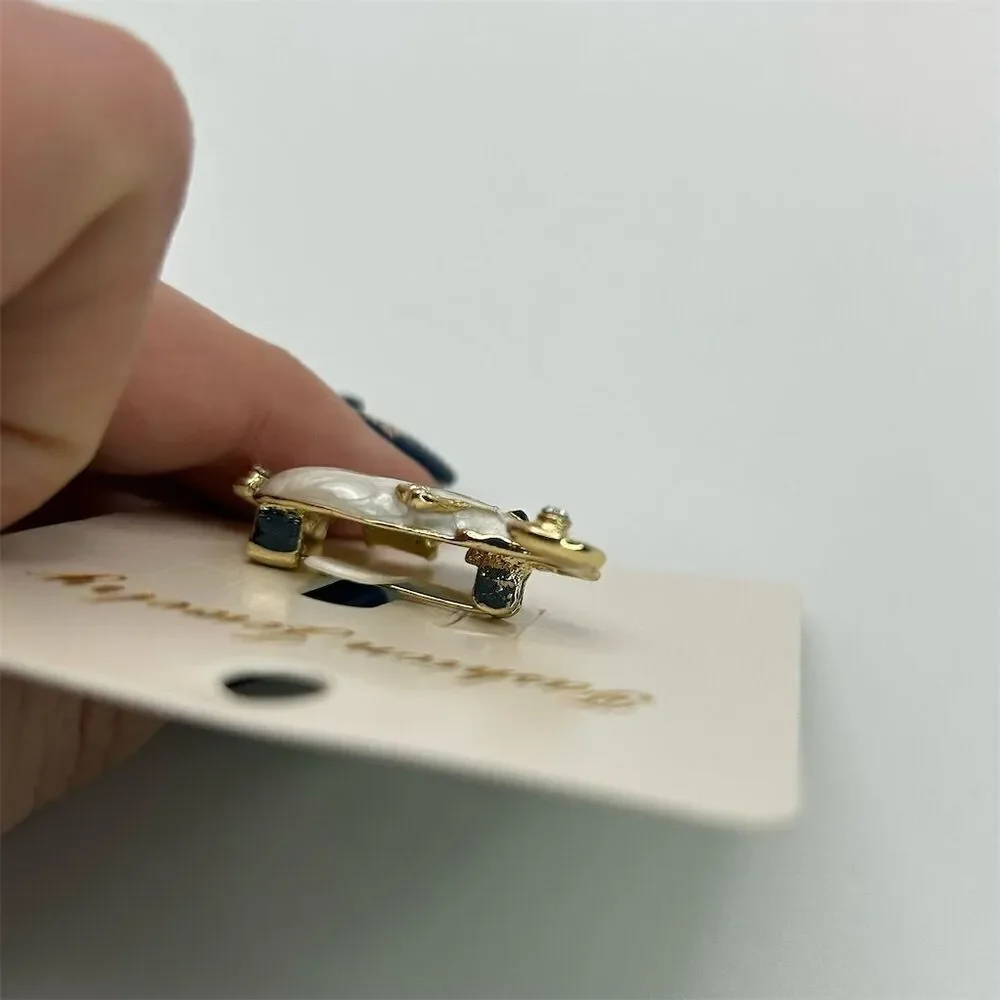 Small Dainty White Elephant Brooch Pin Rhinestone Accents Gold Tone Trunk Up